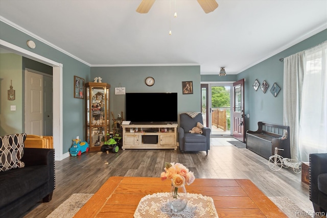 3889 Burnside Rd, Otter Lake, MI 48464 - living area with wood finished floors, a ceiling fan, crown molding, and baseboards