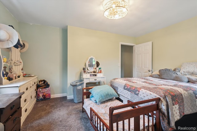 3889 Burnside Rd, Otter Lake, MI 48464 - bedroom with dark colored carpet, baseboards, and a chandelier