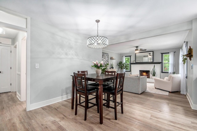 2016 Engleside Dr SE, Grand Rapids, MI 49546 - dining space with a fireplace, light wood finished floors, baseboards, a chandelier, and a ceiling fan