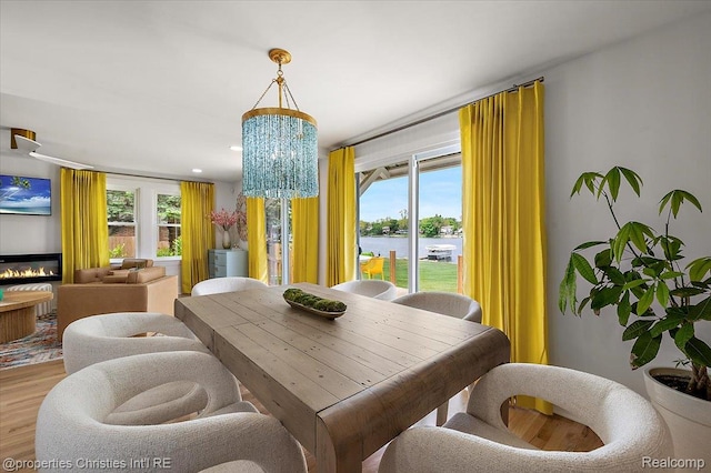 600 Wolverine Dr, Walled Lake, MI 48390 - dining space with a water view, light wood finished floors, plenty of natural light, and a chandelier