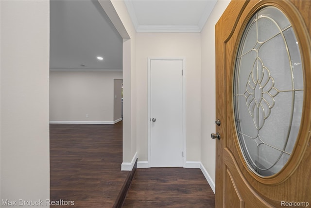 6695 Lahser Rd, Bloomfield Hills, MI 48301 - entrance foyer featuring ornamental molding, dark wood-style floors, and recessed lighting