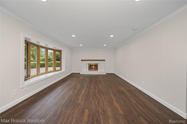 6695 Lahser Rd, Bloomfield Hills, MI 48301 - unfurnished living room featuring recessed lighting, dark wood-style flooring, crown molding, and a fireplace