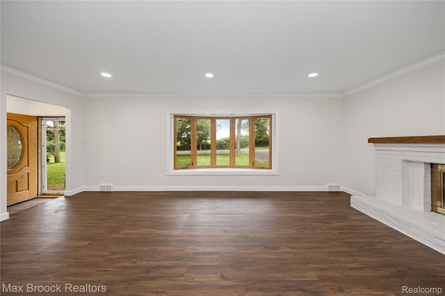 6695 Lahser Rd, Bloomfield Hills, MI 48301 - unfurnished living room featuring crown molding, dark wood-style floors, a brick fireplace, and recessed lighting
