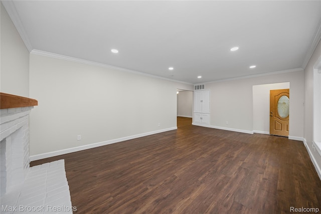 6695 Lahser Rd, Bloomfield Hills, MI 48301 - unfurnished living room with crown molding, dark wood finished floors, recessed lighting, and a brick fireplace