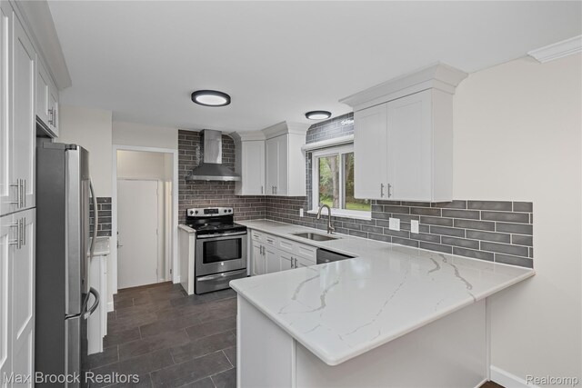 6695 Lahser Rd, Bloomfield Hills, MI 48301 - kitchen with appliances with stainless steel finishes, wall chimney range hood, a peninsula, tasteful backsplash, and white cabinets