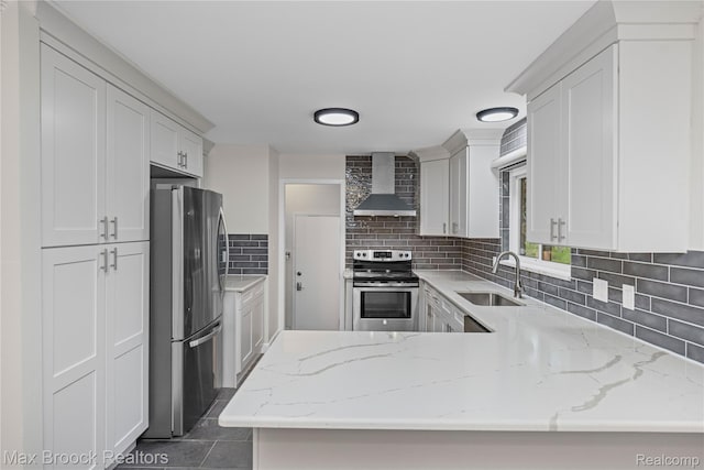 6695 Lahser Rd, Bloomfield Hills, MI 48301 - kitchen with stainless steel appliances, wall chimney range hood, backsplash, light stone countertops, and a peninsula