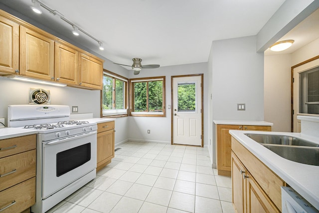 2800 Kimberley Rd, Ann Arbor, MI 48104 - kitchen featuring gas range gas stove, ceiling fan, light countertops, track lighting, and dishwashing machine