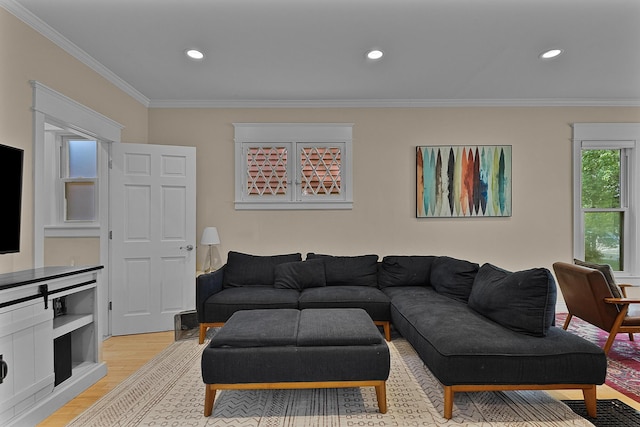 1118 Main St, Saint Joseph, MI 49085 - living area with light wood-type flooring, crown molding, and recessed lighting