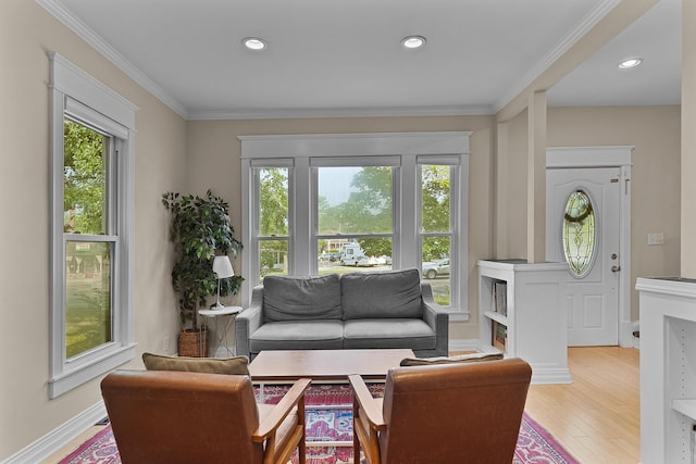 1118 Main St, Saint Joseph, MI 49085 - living area with healthy amount of natural light, light wood-style floors, crown molding, and recessed lighting
