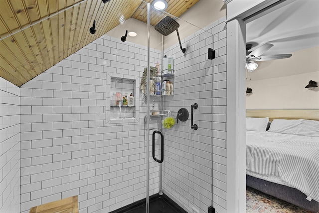 1118 Main St, Saint Joseph, MI 49085 - ensuite bathroom with wooden ceiling, lofted ceiling, ceiling fan, and a stall shower