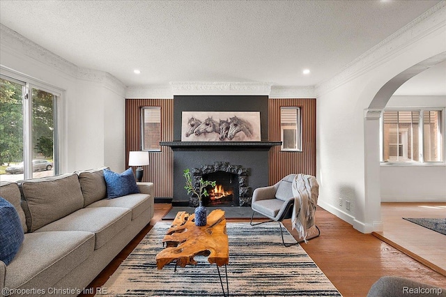 17155 Wisconsin St, Detroit, MI 48221 - living room featuring arched walkways, a warm lit fireplace, wood finished floors, recessed lighting, and a textured ceiling