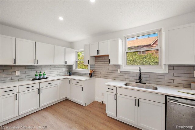 17155 Wisconsin St, Detroit, MI 48221 - kitchen with a sink, stainless steel dishwasher, white cabinetry, tasteful backsplash, and recessed lighting