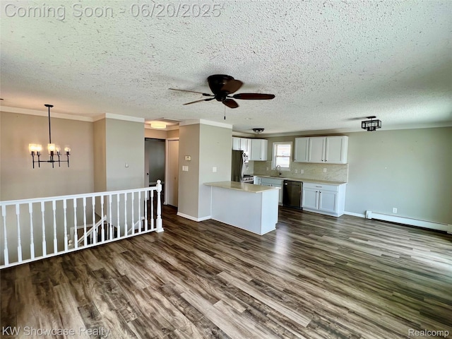 1869 Union Lake Rd, Commerce Twp, MI 48382 - unfurnished living room featuring a baseboard radiator, dark wood-style flooring, a chandelier, ceiling fan, and a textured ceiling