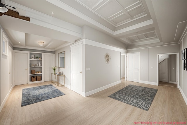 455 N 10th St, Plainwell, MI 49080 - foyer featuring light wood finished floors, ornamental molding, baseboards, and coffered ceiling