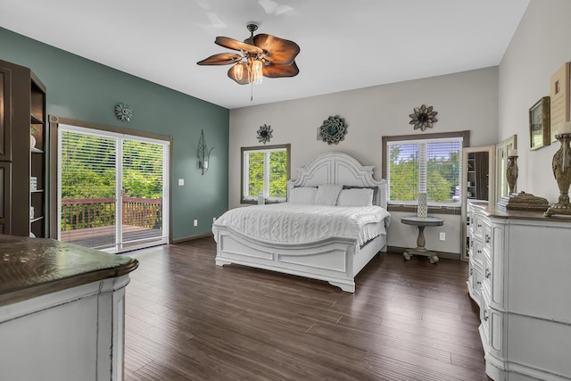 7910 Stony Lake Rd, Jackson, MI 49201 - bedroom with access to exterior, ceiling fan, dark wood-style flooring, and baseboards