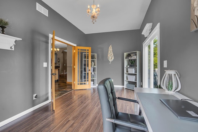 7910 Stony Lake Rd, Jackson, MI 49201 - office with a chandelier, wood finished floors, french doors, and baseboards