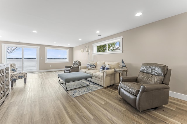 3551 W W Lake Mitchell Dr, Cadillac, MI 49601 - living room with light wood-style flooring, baseboards, and recessed lighting