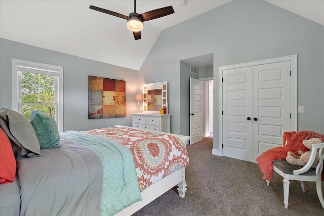 2582 3 Mile Rd NE, Grand Rapids, MI 49525 - bedroom featuring carpet floors, a closet, ceiling fan, and high vaulted ceiling