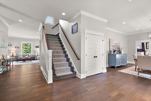 2582 3 Mile Rd NE, Grand Rapids, MI 49525 - foyer entrance with dark wood-style flooring, stairway, recessed lighting, ornamental molding, and baseboards