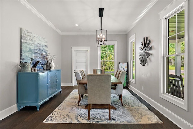 2582 3 Mile Rd NE, Grand Rapids, MI 49525 - dining space featuring baseboards, dark wood-type flooring, a chandelier, crown molding, and recessed lighting