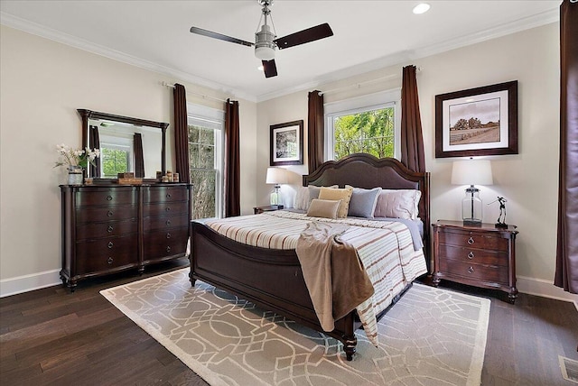 2582 3 Mile Rd NE, Grand Rapids, MI 49525 - bedroom featuring baseboards, dark wood-style flooring, crown molding, recessed lighting, and ceiling fan
