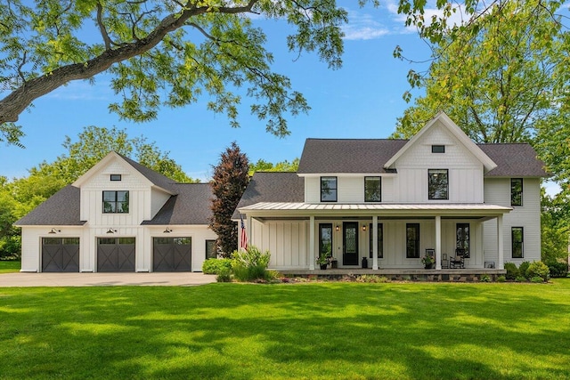 2582 3 Mile Rd NE, Grand Rapids, MI 49525 - modern farmhouse style home featuring board and batten siding, a porch, a front yard, driveway, and a shingled roof