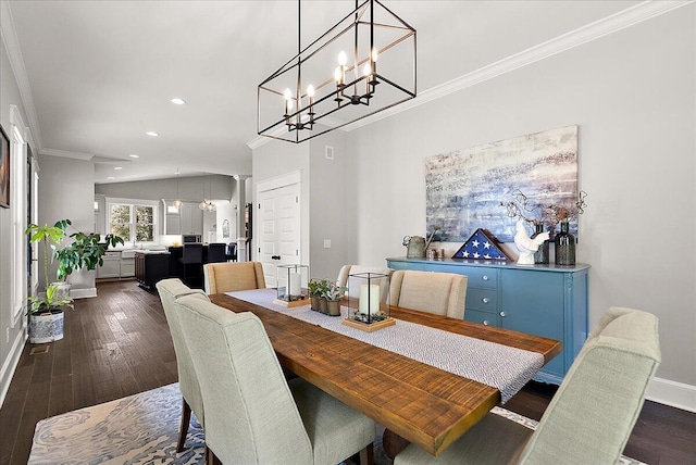 2582 3 Mile Rd NE, Grand Rapids, MI 49525 - dining area with crown molding, dark wood finished floors, recessed lighting, baseboards, and a chandelier
