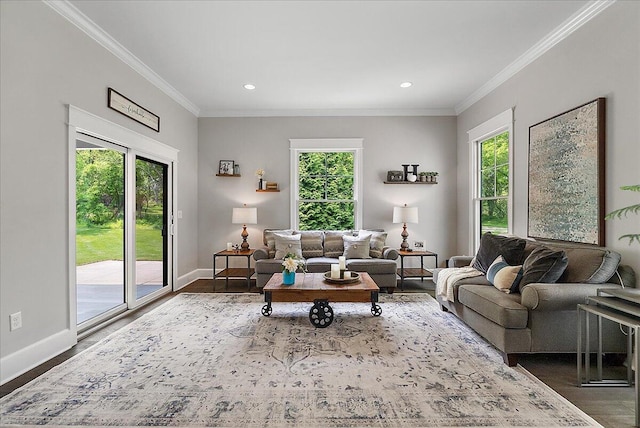 2582 3 Mile Rd NE, Grand Rapids, MI 49525 - living area featuring dark wood-type flooring, ornamental molding, baseboards, and recessed lighting
