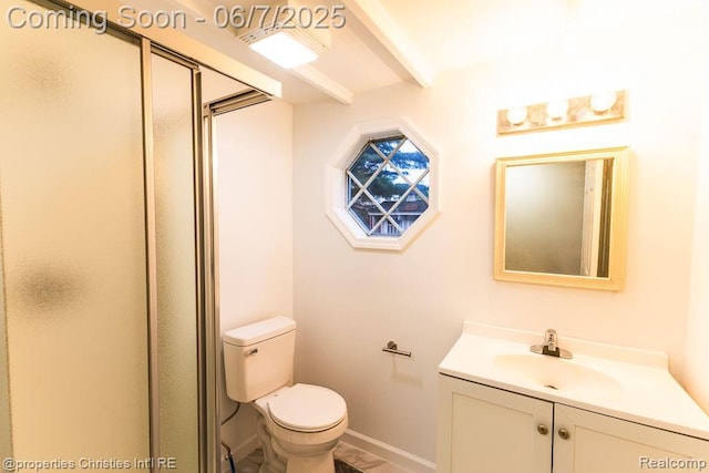 50824 Baltimore St, New Baltimore, MI 48047 - full bathroom featuring vanity, toilet, a shower with door, baseboards, and beamed ceiling