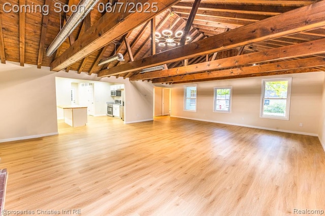 50824 Baltimore St, New Baltimore, MI 48047 - unfurnished living room with light wood-style floors, baseboards, wooden ceiling with exposed beams, high vaulted ceiling, and a chandelier