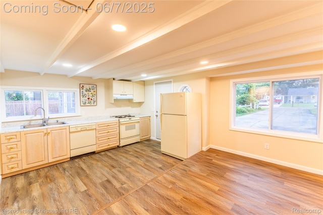 50824 Baltimore St, New Baltimore, MI 48047 - kitchen featuring white appliances, a sink, light countertops, beam ceiling, and light wood finished floors