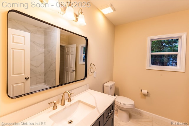 50824 Baltimore St, New Baltimore, MI 48047 - full bathroom featuring vanity, toilet, baseboards, marble look tiles, and a shower