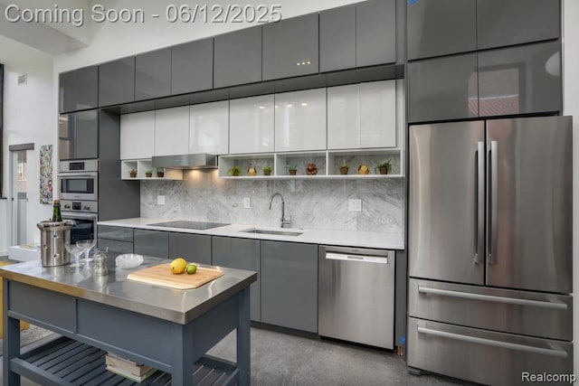 1454 Townsend St Unit 101, Detroit, MI 48214 - kitchen featuring stainless steel appliances, a sink, open shelves, and decorative backsplash