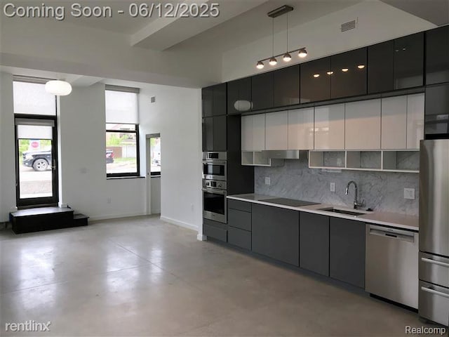 1454 Townsend St Unit 101, Detroit, MI 48214 - kitchen featuring appliances with stainless steel finishes, a sink, modern cabinets, tasteful backsplash, and light countertops