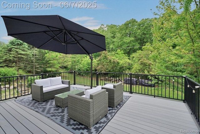 16146 Valcrest Dr, Linden, MI 48451 - wooden deck with an outdoor hangout area and a wooded view