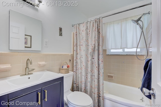 4217 Crooks Rd, Royal Oak, MI 48073 - bathroom featuring vanity, shower / tub combo with curtain, a wainscoted wall, and tile walls