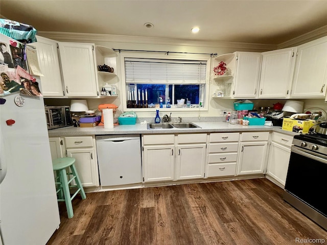 18 Park St, Oxford, MI 48371 - kitchen featuring white appliances, open shelves, white cabinetry, dark wood-type flooring, and ornamental molding