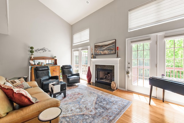 6018 Augusta Ct, Grand Blanc, MI 48439 - living room featuring high vaulted ceiling, wood finished floors, and a fireplace