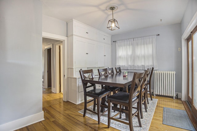 2046 Bourdon St, Muskegon, MI 49441 - dining space featuring radiator heating unit, light wood-type flooring, and baseboards