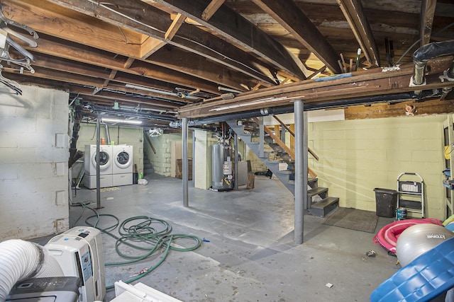 2046 Bourdon St, Muskegon, MI 49441 - unfinished below grade area featuring stairs, water heater, and washer and clothes dryer
