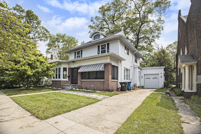 2046 Bourdon St, Muskegon, MI 49441 - traditional style home featuring brick siding, a front lawn, a garage, and concrete driveway