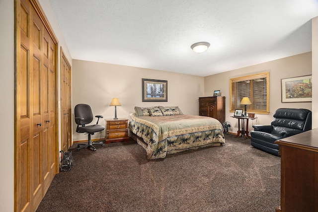 6838 E Michillinda Rd, Twin Lake, MI 49457 - bedroom featuring dark colored carpet, a closet, baseboards, and a textured ceiling