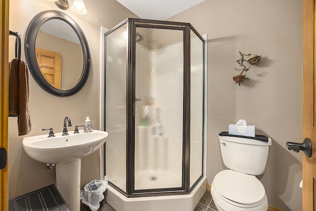 6838 E Michillinda Rd, Twin Lake, MI 49457 - full bathroom featuring a shower stall, toilet, and tile patterned flooring