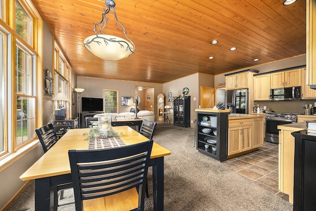 6838 E Michillinda Rd, Twin Lake, MI 49457 - tiled dining room featuring wooden ceiling, healthy amount of natural light, carpet floors, recessed lighting, and baseboards