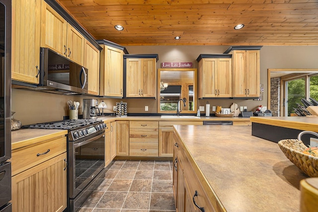 6838 E Michillinda Rd, Twin Lake, MI 49457 - kitchen featuring appliances with stainless steel finishes, a sink, recessed lighting, wooden ceiling, and light brown cabinets