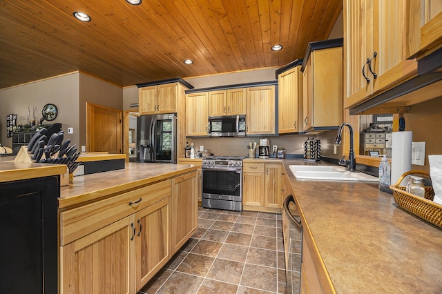 6838 E Michillinda Rd, Twin Lake, MI 49457 - kitchen featuring appliances with stainless steel finishes, a sink, wood ceiling, recessed lighting, and wood counters