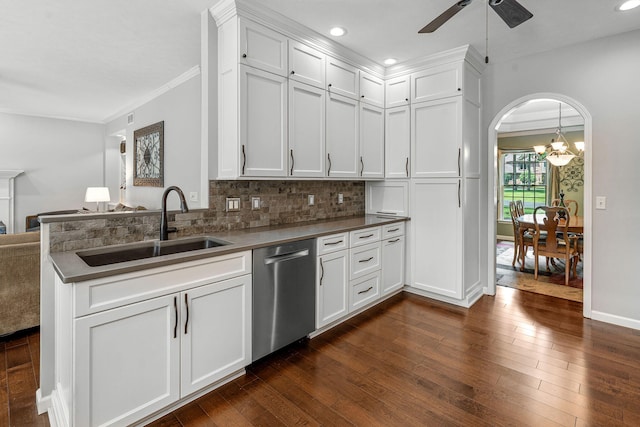 33081 Old Post Rd, Niles, MI 49120 - kitchen with stainless steel dishwasher, a sink, a chandelier, white cabinets, and ornamental molding