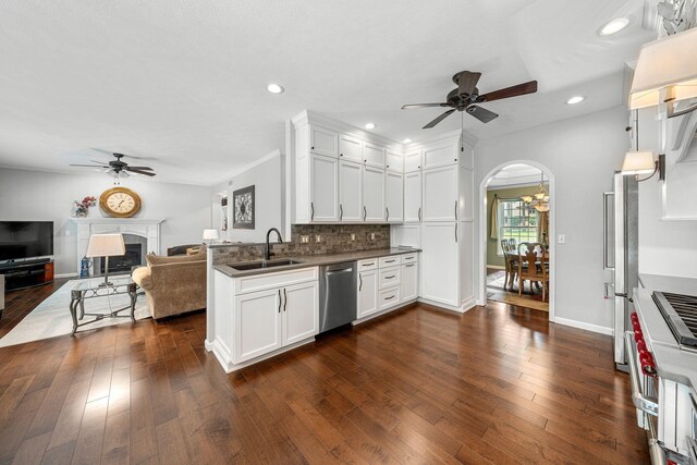 33081 Old Post Rd, Niles, MI 49120 - kitchen with a ceiling fan, appliances with stainless steel finishes, a sink, open floor plan, and a fireplace