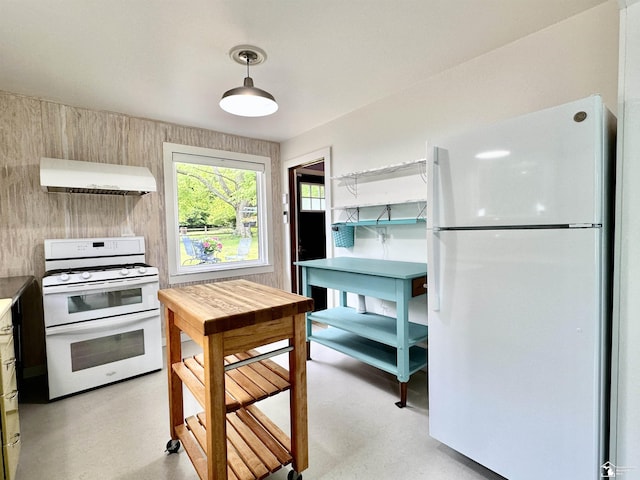 9730 Douglas Rd, Temperance, MI 48182 - kitchen featuring white appliances, range hood, and decorative light fixtures