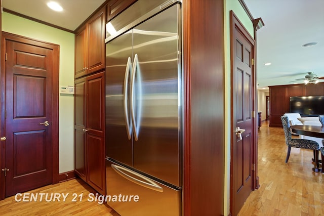 12 W Corral Dr, Saginaw, MI 48638 - kitchen featuring stainless steel built in fridge, light wood-style flooring, ceiling fan, ornamental molding, and recessed lighting